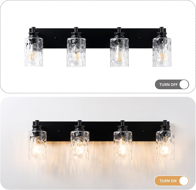 4 Light Bathroom Vanity Light Modern Black Bathroom Light Fixtures Over Mirror with Hammered Glass Lampshade for Kitchen Hallway