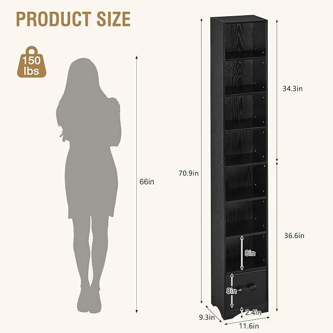 VECELO Tall Narrow Bookshelf with Drawer, 6 Adjustable Movable Shelves, Wood Space Saving Corner Storage Cabinet for Bathroom Bedroom, Sleek Black