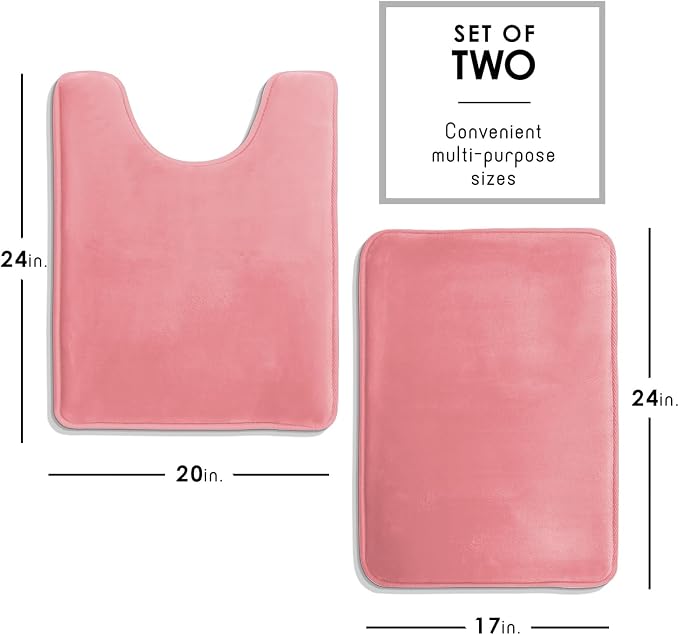 Clara Clark 2 Piece Bathroom Rugs, Velvet Memory Foam Bath Mat Set, Non-Slip Bath Rugs, Machine Wash, Dries Quickly, Ultra Soft Plush Bath Mats for Bathroom, 17 x 24 + Contour, Coral Pink