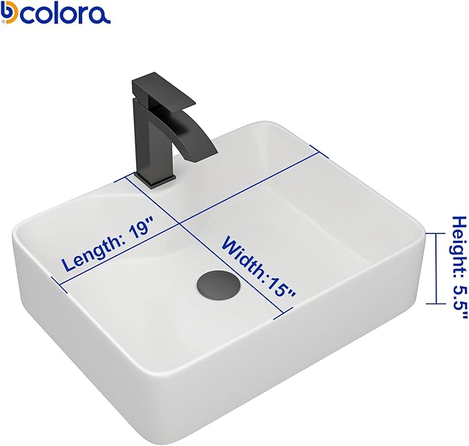 Dcolora 19 In. White Vessel Sink for Bathroom, Rectangular Above Counter Porcelain Ceramic Sink with Black Accessories, 15"D x 19"W x 5"H #DC-SFDOE00086