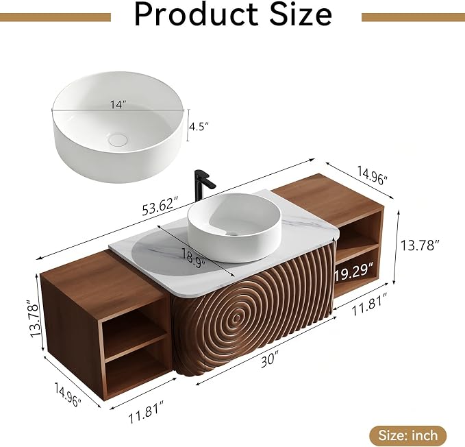 54" Floating Bathroom Vanity with Sink, Mid-Century Wall Mounted Bathroom Vanity Cabinet with Wood Waved Decor,Ceramic Vessel Basin and Sintered Stone Top, Soft Close Drawer, 2 Side Open Cube