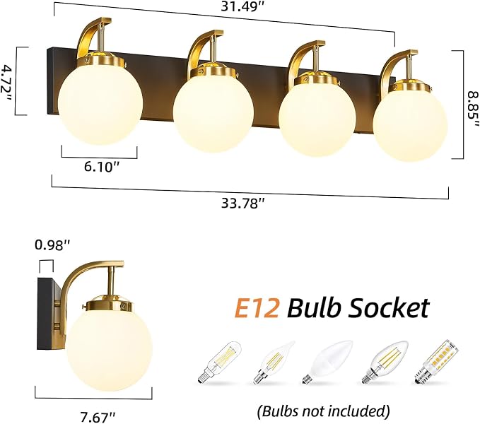 4-Light Bathroom Vanity Light Fixtures Sand Black Gold Vanity Lights Over Mirror Modern Wall Sconce with Milk White Glass Globe Lampshade for Lving Room Dining Room Corridor Powder Room
