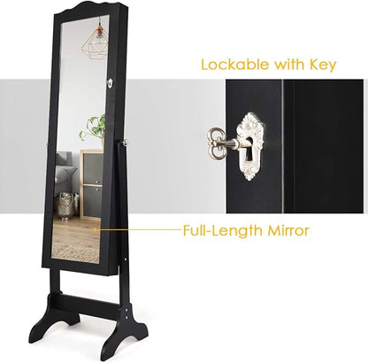 GIANTEX Jewelry Armoire with Full Length Mirror, Lockable Standing Jewelry Cabinet, Mirror with Jewelry Storage, Ring Earring Necklace Makeup Display, Jewelry Organizer Box for Women Girls, Black