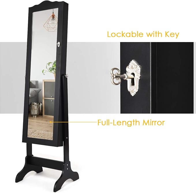Giantex Jewelry Cabinet Armoire Lockable with Mirror, Standing Full Length Mirror with Jewelry Cabinet, 3 Adjustable Angles, Jewelry Organizer Storage Box Birthday Christmas Gifts (Black)