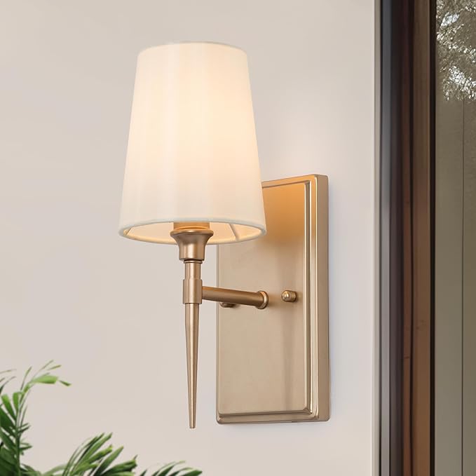KSANA Sconces Wall Lighting, 1-Light Modern Gold Wall Sconces Indoor with White Fabric Shade, Wall Sconce Light Wall Lights for Bedroom, Living Room, Bathroom, Kitchen, Powder Room