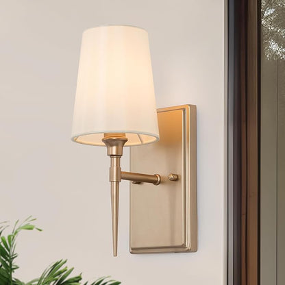 KSANA Sconces Wall Lighting, 1-Light Modern Gold Wall Sconces Indoor with White Fabric Shade, Wall Sconce Light Wall Lights for Bedroom, Living Room, Bathroom, Kitchen, Powder Room