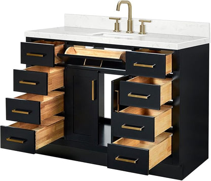 Isabella 48-Inch Bathroom Vanity with Sink — Black Single Sink Bathroom Vanity, 1.5" Edge Carrara Quartz Countertop, Solid Wood, 2 Soft-Close Doors, 8 Dovetail Drawers + Tilt Drawer
