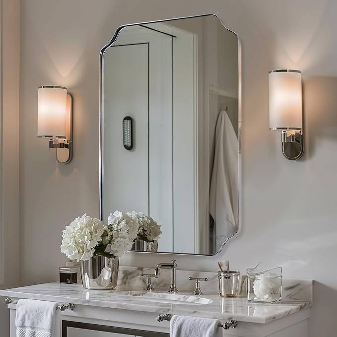 Chrome Bathroom Mirror, 20x30 Inch Polished Nickel Vanity Mirror, Scalloped Mirror in Rustproof Stainless Steel Thin Frame, Unique Rounded Notched Corners, Ideal for Narrow Bathroom Remodel