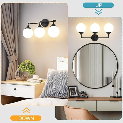 Black Bathroom Light Fixtures Over Mirror Vanity 3-Light | Mid Century Modern Matte Black Wall Sconce with Milky White Glass Ball Shades for for Bathroom Dressing Table Bedroom