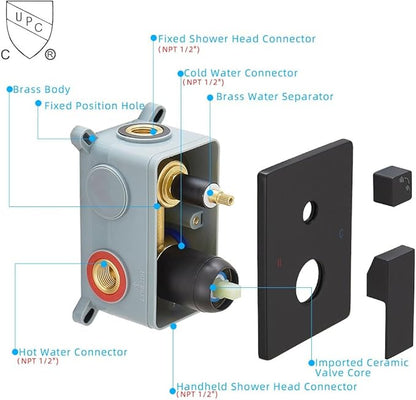 Matte Black Shower System Bathroom Rainfall Shower Faucet Set Complete Wall Mounted 8 Inch Shower Head and Handle Set with Rough-in Valve Body and Trim Kit