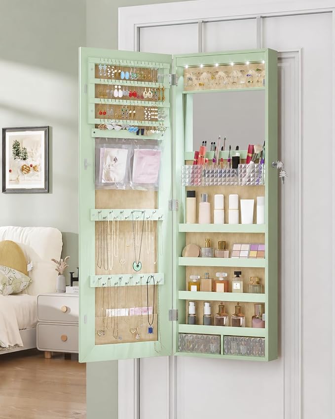 LVSOMT 42.5" Wall Mounted Jewelry Organzier with LED Mirror, Green | Lockable Jewelry Cabinet for 30 Ring Slots, 96 Earring and 20 Necklace Hooks, Gift for Women, Girls