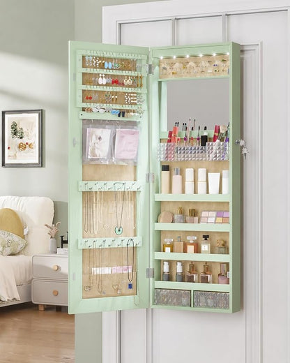 LVSOMT 42.5" Wall Mounted Jewelry Organzier with LED Mirror, Green | Lockable Jewelry Cabinet for 30 Ring Slots, 96 Earring and 20 Necklace Hooks, Gift for Women, Girls