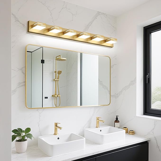 LED Modern Bathroom Vanity Light Fixtures, 6-Light 40-inch Dimmable Gold Vanity Lights for Bathroom Lighting Fixtures Over Mirror, with 350° Rotatable Heads (Cool White 6000K)
