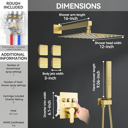 Brushed Gold Shower System with Body Jets, STARBATH 12" Rainfall Shower with 2 in 1 Handheld and 4 Body Jets, Can Use All at Once, Push Button Complete Shower Set with Valve and Trim Kit