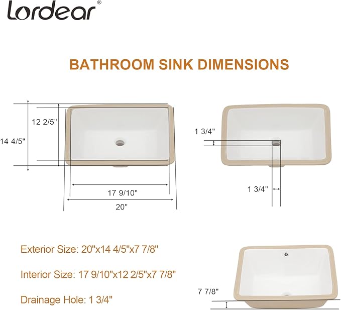 Lordear Undermount Rectangle White Porcelain Ceramic Bathroom Vanity Sink 20x15 Inch with Overflow