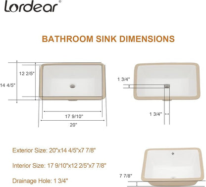 Lordear Undermount Rectangle White Porcelain Ceramic Bathroom Vanity Sink 20x15 Inch with Overflow