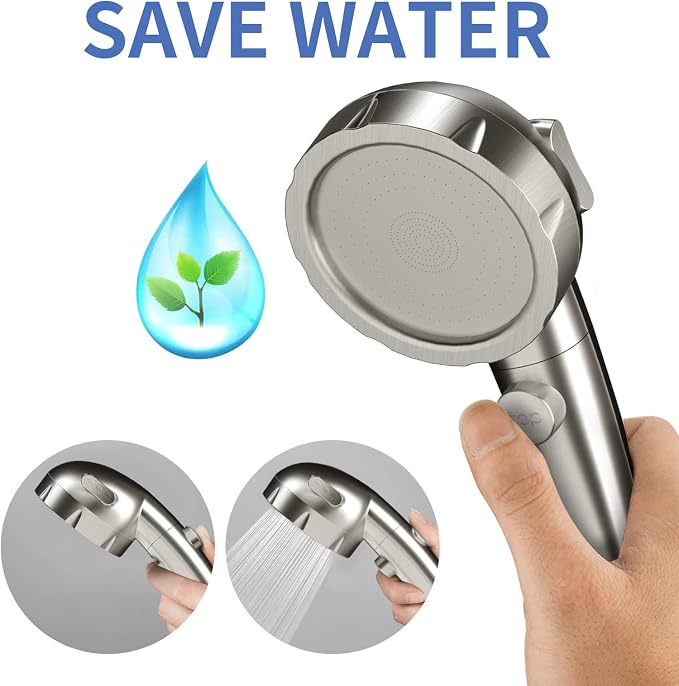 SINGSUO High Pressure Handheld Shower Head, On Off Switch (Brushed Nickel) | Detachable Shower Head, 3 Spray Modes Shower Massager Handheld with Hose and Adjustable Angle Bracket