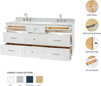 ARIEL Monroe 72-inch Bathroom Vanity with Sink,Solid Wood, 1.5-inch Italian Carrara Marble Countertop & Backsplash, Double Oval Porcelain Sink, 9 Dovetail Drawers, Brushed Nickel, White