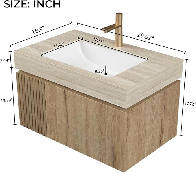 LKTART Floating 30 Inch Bathroom Vanity with Sink, Modern Plywood Wall Mounted Bathroom Storage Cabinet with 1 Door and 1 Drawer, Roma Travertine-Pattern Sintered Stone Countertop and Ceramic Basin