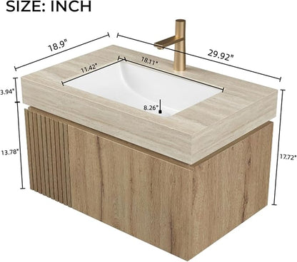 LKTART Floating 30 Inch Bathroom Vanity with Sink, Modern Plywood Wall Mounted Bathroom Storage Cabinet with 1 Door and 1 Drawer, Roma Travertine-Pattern Sintered Stone Countertop and Ceramic Basin
