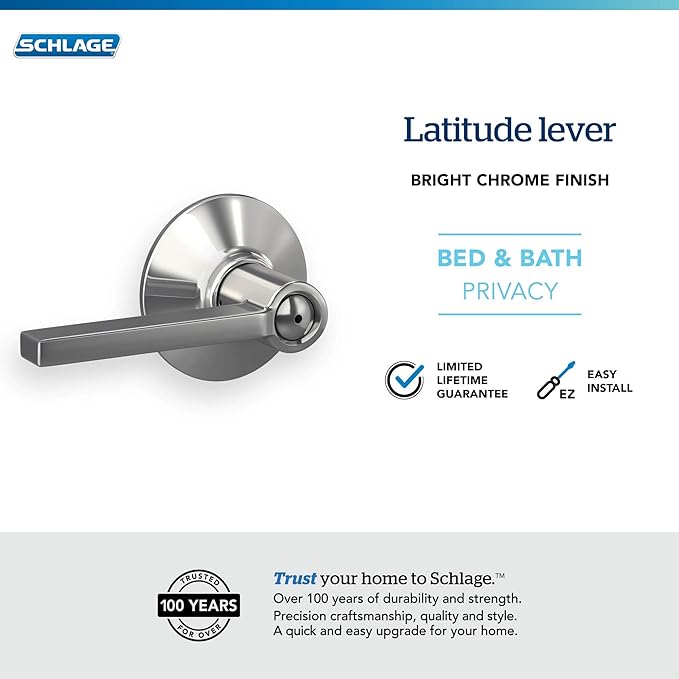 Schlage F40 LAT 625 Latitude Door Lever, Bed & Bath Privacy Lock, Bright Chrome