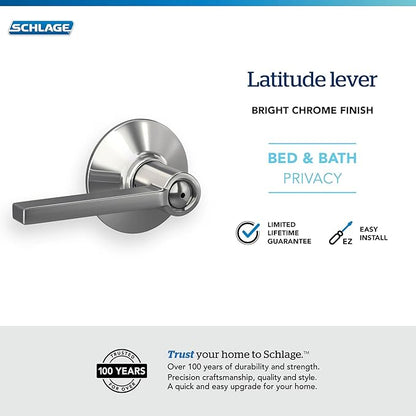 Schlage F40 LAT 625 Latitude Door Lever, Bed & Bath Privacy Lock, Bright Chrome