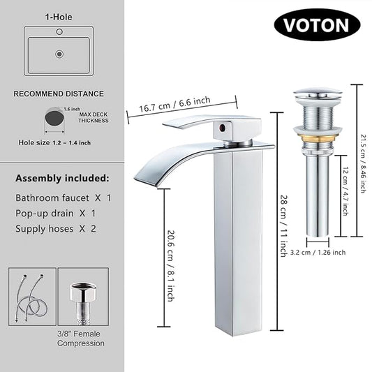 VOTON Vessel Sink Faucet Chrome Modern Tall Waterfall Bathroom Sink Faucet with Pop-Up Drain Single Handle Bathroom Faucet 1 Hole Bowl Lavatory Vanity Faucet, Rv Sink Camper Farmhouse Bathroom Faucet