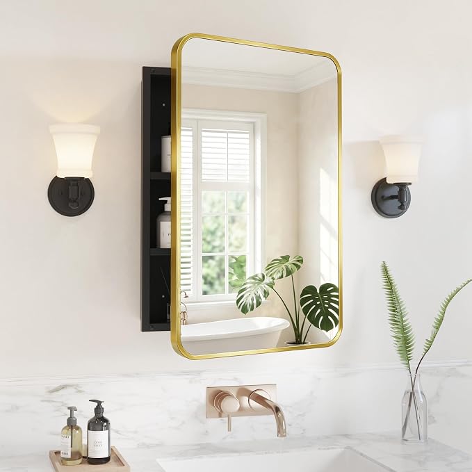 Medicine Cabinet Mirror 16x24 Inch, Gold Bathroom Mirror Cabinet with Stepless Adjustable Shelves, Stainless Steel Frame, Bathroom Mirror with Storage Recessed or Wall Mount