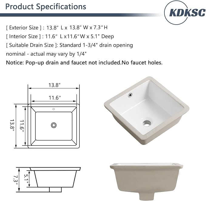 14 Inch Small Undermount Bathroom Sink White Square,Overflow Type | Ceramic Under Counter Bathroom Sink for Cabinet Porcelain Vanity Sinks(13.8"x13.8")