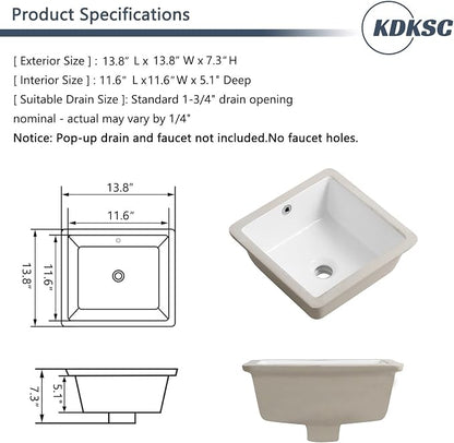 14 Inch Small Undermount Bathroom Sink White Square,Overflow Type | Ceramic Under Counter Bathroom Sink for Cabinet Porcelain Vanity Sinks(13.8"x13.8")