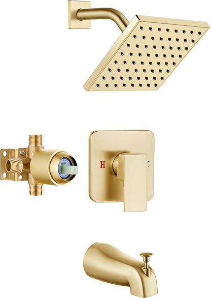 Heyalan 6 Inch Shower Faucet Set with Tub Spout and Valve, Brushed Gold | 6-inch square rainfall head, tub spout with diverter, male-thread rough-in valve, single-handle control and wall-mount design