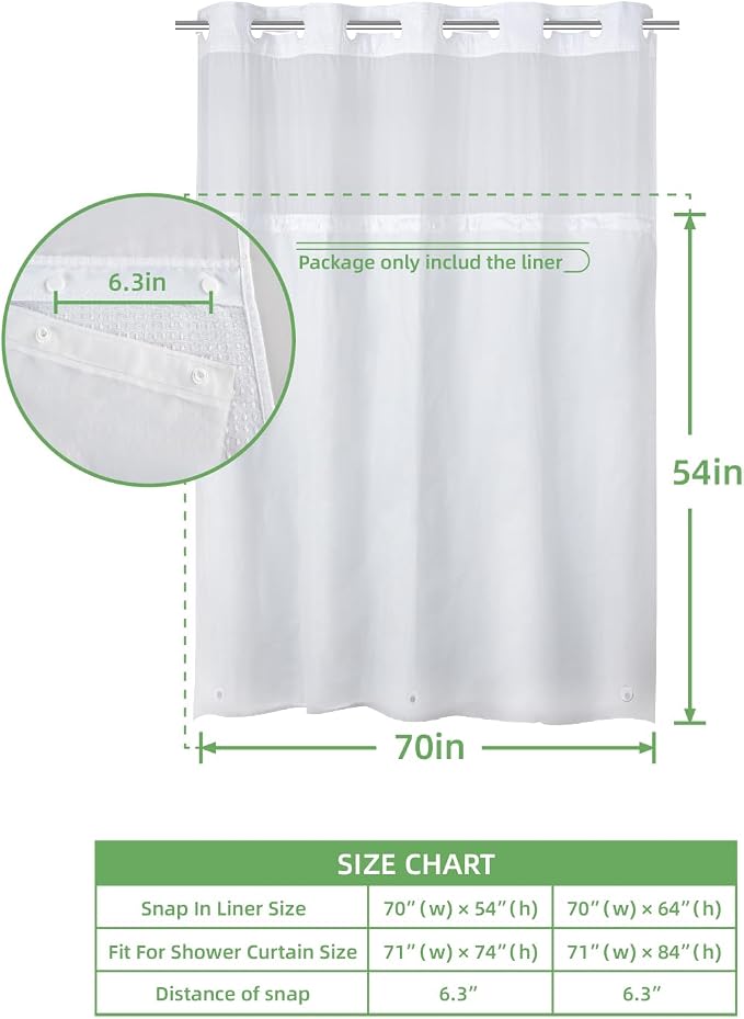 eachope 1 Pack PEVA Snap-in Shower Curtain Liner Replacement,Compatible with No Hook Shower Curtain with Snap in Liner, Removable & Water-Repellent,Machine Washable,70x54,Frost