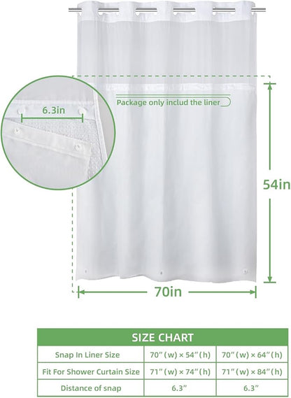 eachope 1 Pack PEVA Snap-in Shower Curtain Liner Replacement,Compatible with No Hook Shower Curtain with Snap in Liner, Removable & Water-Repellent,Machine Washable,70x54,Frost