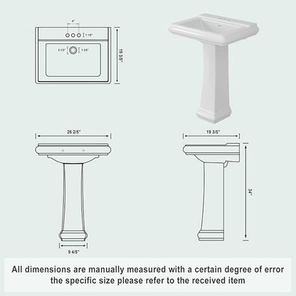 Pedestal Sink Square Ceramic Basin with 4 inch 3-Hole Faucet Setup, Large Bathroom Sink for Home Renovation, Classic Pedestal Style for Guest and Main Bathrooms