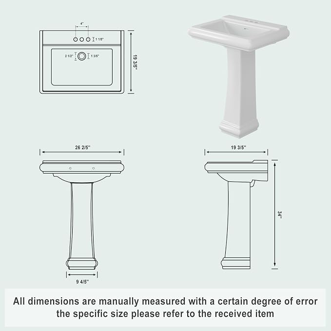 GarveeHome 26" W x 20" D White Ceramic Rectangular Pedestal Sink, Bathroom Vanity Sink with Overflow and 3 Pre-Drilled Holes for 4-Inch Faucets, Freestanding Sink Combo for Small Spaces