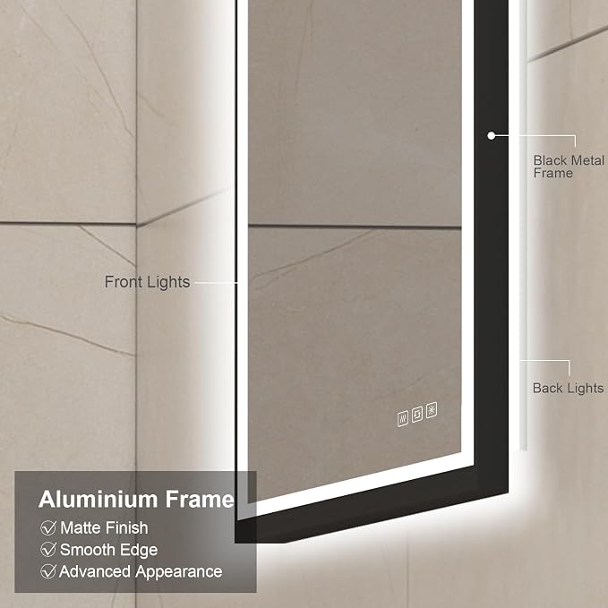 20x28 inches Rectangular Aluminum Black Framed LED Mirror, Smart Bathroom Mirror with Lights, Anti-Fog, Tempered Glass, 3 Colors Dimmable, Front and Backlit, Wall Mounted, Memory