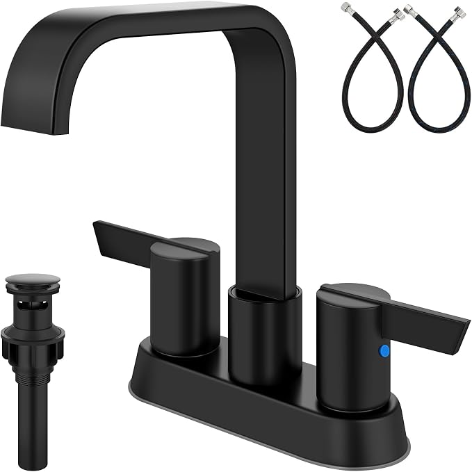Matte Black Waterfall Bathroom Faucet 4 Inch Centerset,2-Handle | Stainless Steel 3-Hole Deck-Mount Design Includes Supply Lines and Pop-Up Drain for a Complete Vanity Installation
