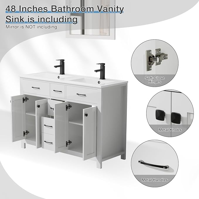 LUCKWIND 48" Modern Bathroom Vanity and Sink, Painted Bathroom Storage Cabinet with Double Sink, Four Doors and Three Drawers, Include Faucet Without Mirror, White