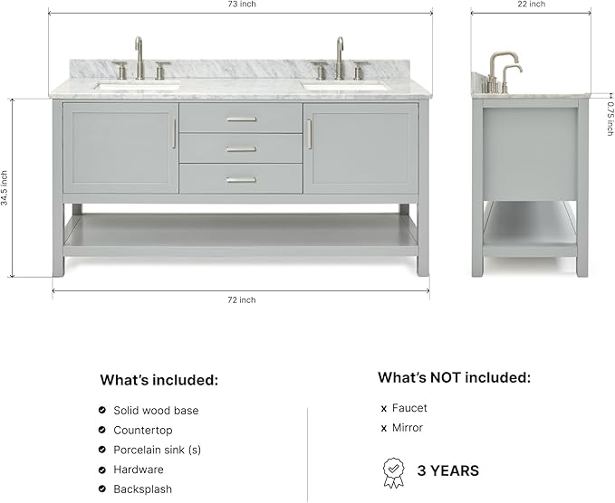 ARIEL Bayhill 72-inch Bathroom Vanity with Sink,Solid Wood, 0.75-inch Italian Carrara Marble Countertop, Double Rectangular Porcelain Sink, 2 Soft Closing Doors, 3 Dovetail Drawers, Grey
