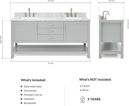 ARIEL Bayhill 72-inch Bathroom Vanity with Sink,Solid Wood, 0.75-inch Italian Carrara Marble Countertop, Double Rectangular Porcelain Sink, 2 Soft Closing Doors, 3 Dovetail Drawers, Grey