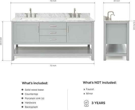 ARIEL Bayhill 72-inch Bathroom Vanity with Sink,Solid Wood, 0.75-inch Italian Carrara Marble Countertop, Double Rectangular Porcelain Sink, 2 Soft Closing Doors, 3 Dovetail Drawers, Grey
