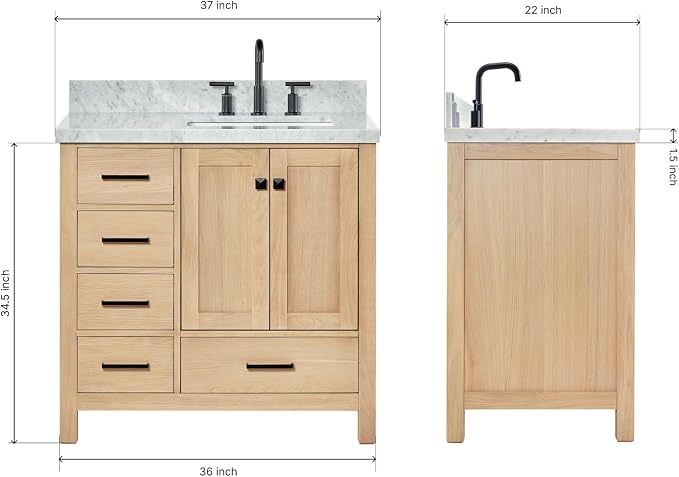 ARIEL Cambridge 36-inch Bathroom Vanity with Sink,Solid Wood, 1.5-inch Italian Carrara Marble Countertop, Single Rectangular Porcelain Sink, 2 Soft Closing Doors, 5 Dovetail Drawers, White Oak