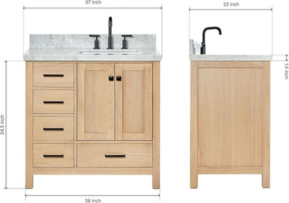 ARIEL Cambridge 36-inch Bathroom Vanity with Sink,Solid Wood, 1.5-inch Italian Carrara Marble Countertop, Single Rectangular Porcelain Sink, 2 Soft Closing Doors, 5 Dovetail Drawers, White Oak