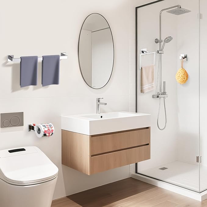 TURS 4-Piece Bathroom Hardware Set Chrome Towel Bar Set 23.6inch Bath Towel Holder Sets SUS 304 Stainless Steel Wall Mounted Towel Rack Sets for Bathroom.