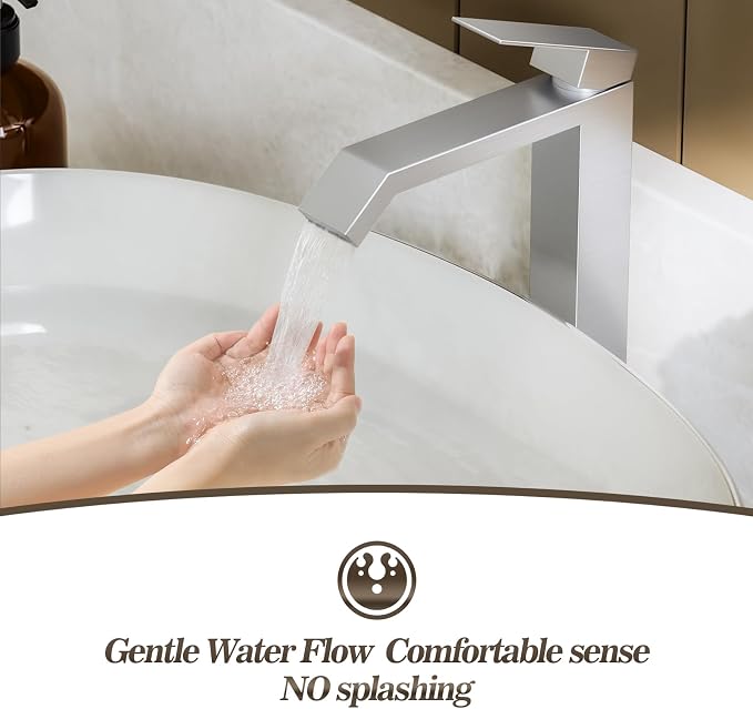 Brushed Nickle Single Hole Tall Above Counter Sink Bathroom Faucet,Single Handle Bathroom Vessel Faucet with Waterfall and Pop Up Drain Without Overflow,FH05-BN-V-VINE