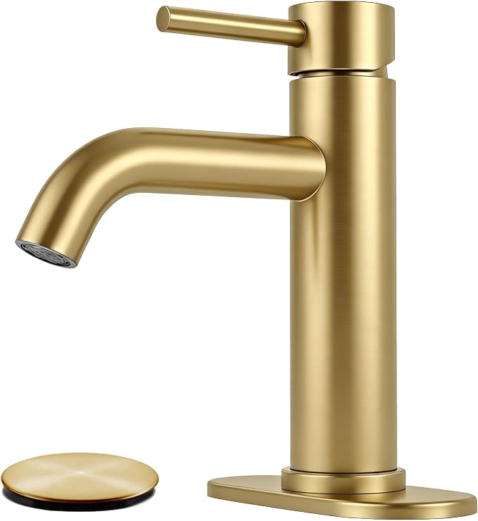 Brushed Gold Bathroom Faucet Single Handle Bathroom Sink Faucet | with Pop-up Drain & Deck,Supply Hoses,Stainless Steel Bathroom Sink Faucet 1/3 Hole,Water-saving aerator,Fits home,RV