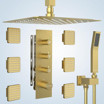 Shower Faucet Set Brushed Gold,Thermostatic Shower System with Body Jets,16 inch Ceiling Rainfall Faucet Set with with 6 PCS Dual Modes Body Jets(3 Inch) Can All Run Together