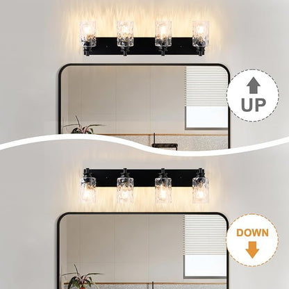 4 Light Bathroom Vanity Light Modern Black Bathroom Light Fixtures Over Mirror with Hammered Glass Lampshade for Kitchen Hallway