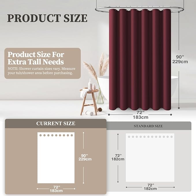 BTTN Extra Long Shower Curtain, 90 Inch Linen Textured Heavy Duty Waterproof Shower Curtain Set with 12 Plastic Hooks, Tall Luxury Simple Thick Fabric Shower Curtains for Bathroom, 72x90, Burgundy