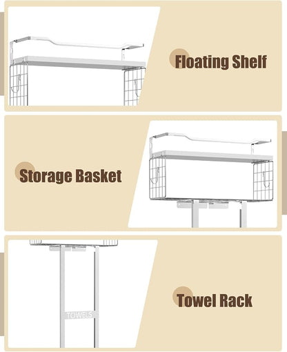 Aetyord Towel Racks for Bathroom - Wall Mounted Metal Rack with Wood Plank, Bathroom Storage Organizer, Towel Holder Stores 6 Large Rolled Towels Easily, Silver with White Plank